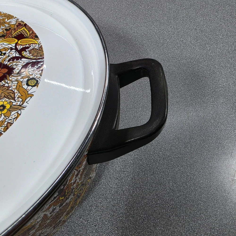 Vintage Fancipans‎ Enamelware Stockpot Set 2pc Brown Gold Paisley Floral 70s